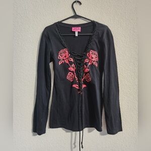 Demi Loon Rose Graphic Punk Slashed Cut-out Tattoo L/s Biker Top size small
